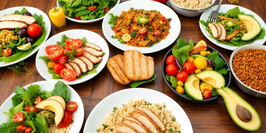 Colorful healthy meals ideal for diabetics on a table.