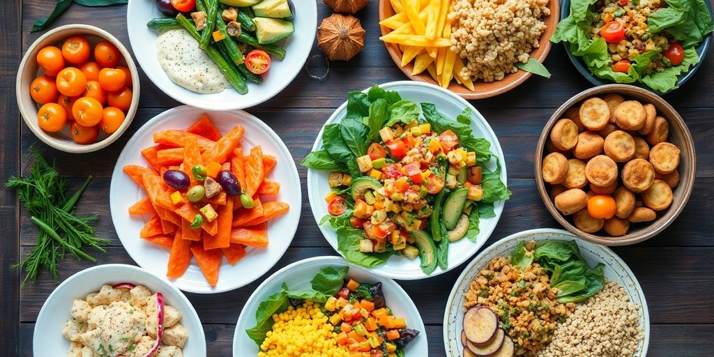 Colorful diabetes-friendly meals on a rustic wooden table.