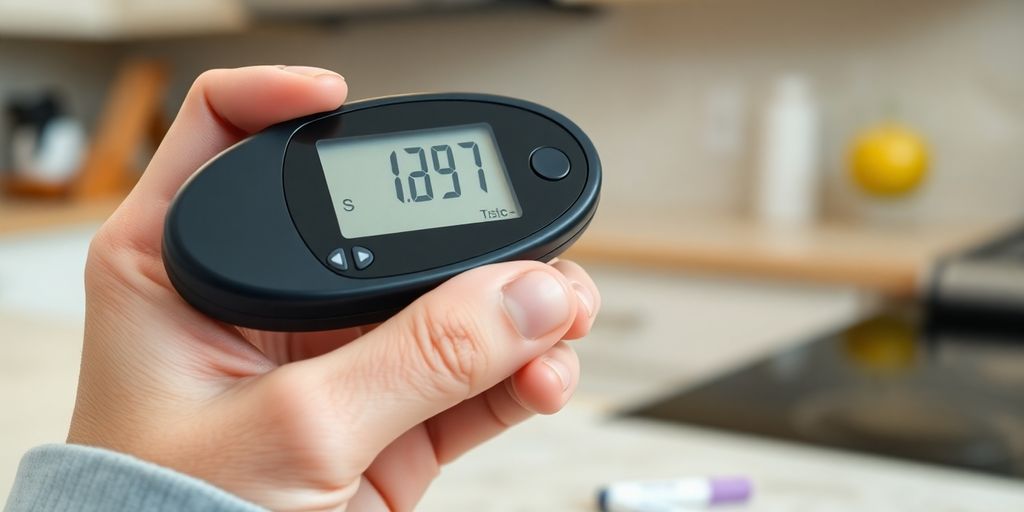 Hand holding a blood glucose meter with test strips.