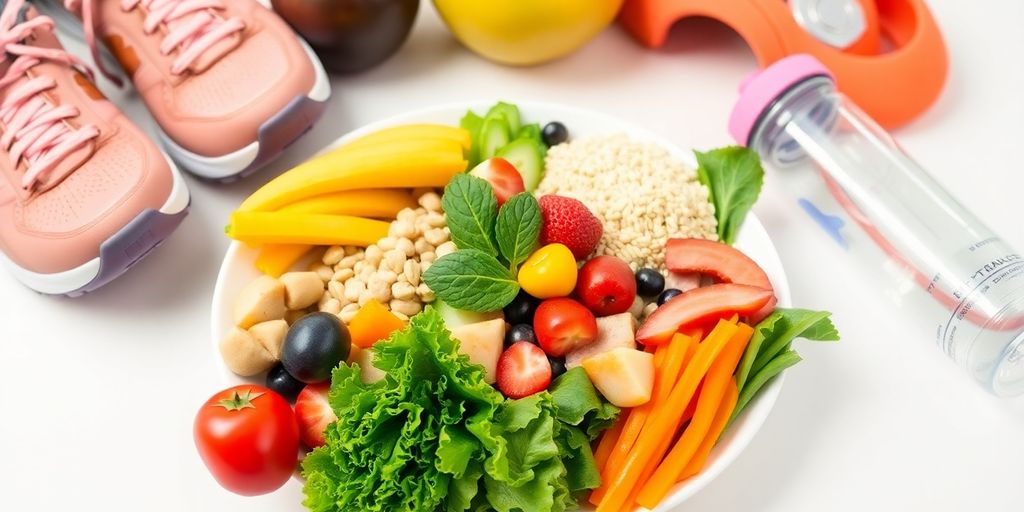 Colorful healthy foods with exercise gear for diabetes prevention.