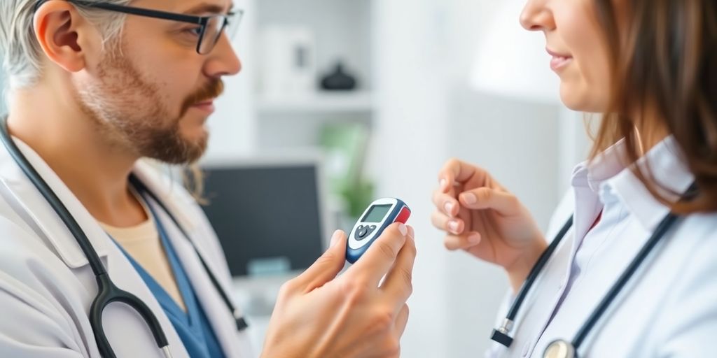 Doctor checking patient's blood sugar levels with a glucometer.