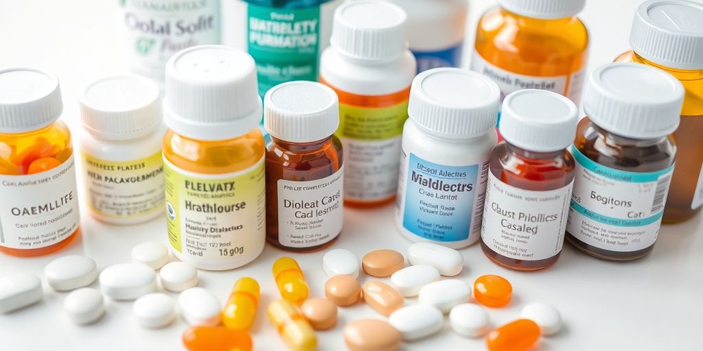 Photograph of diabetes medications including pills and vials.