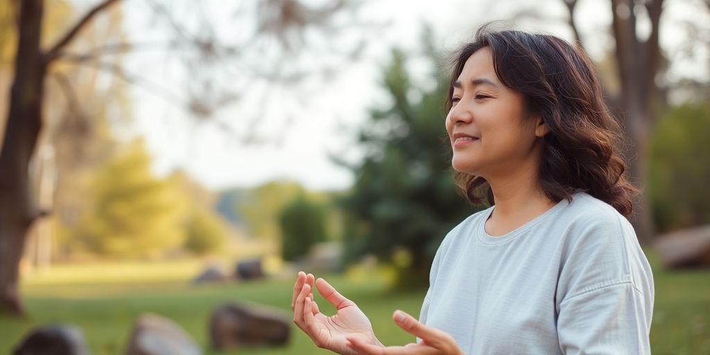 Person practicing mindfulness in a peaceful outdoor setting.