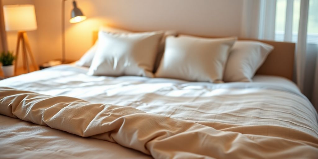 Cozy bedroom with soft pillows and warm lighting.