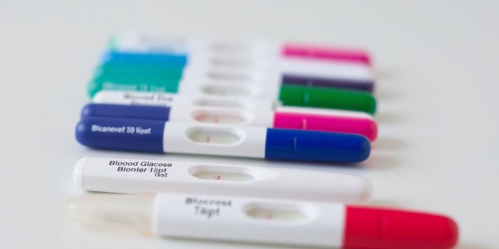 Photograph of various blood glucose test strips.