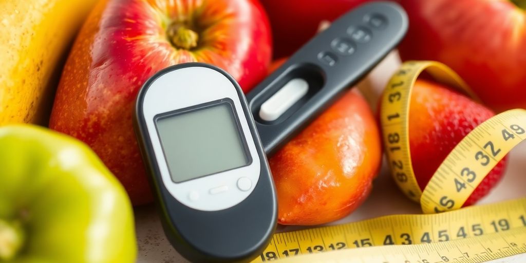 Modern glucometer with fruits and measuring tape.
