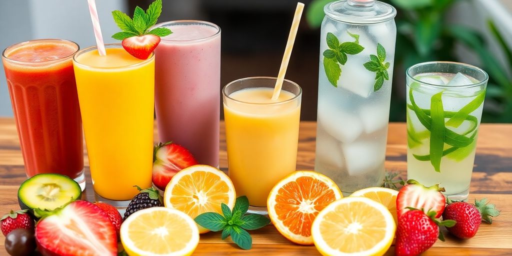 Colorful healthy drinks on a wooden table.