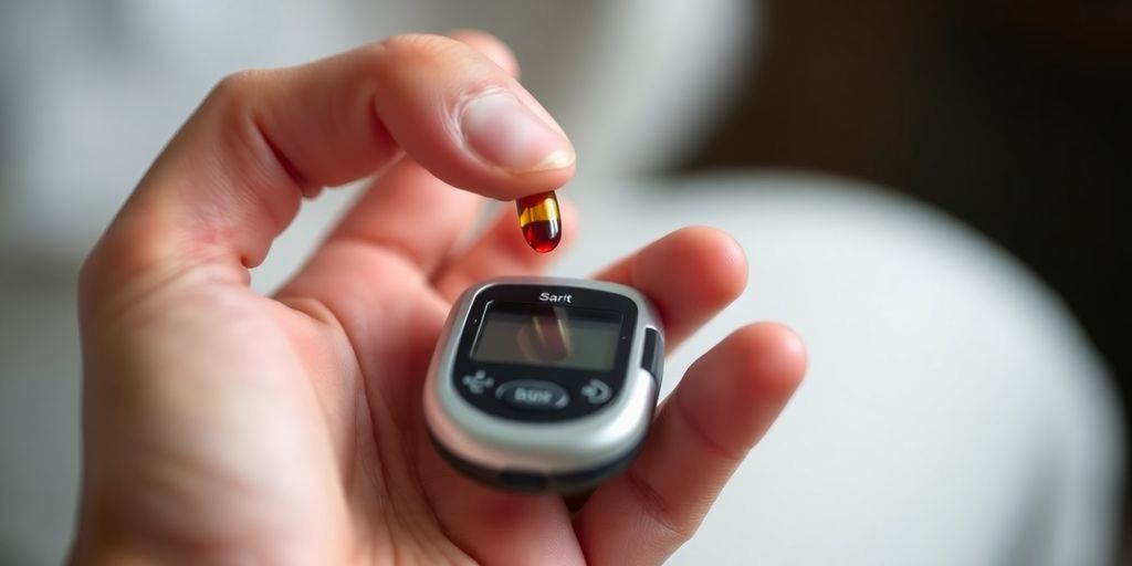 Hand testing blood sugar with a glucose meter.