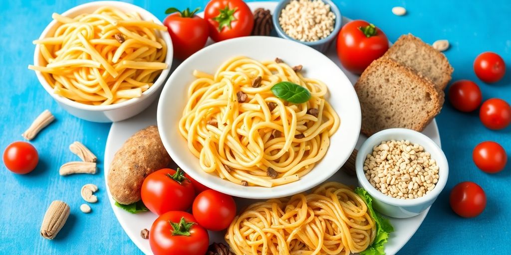 Whole wheat dishes with fresh vegetables and fruits.