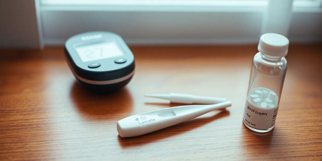 Blood sugar monitor, lancet device, and test strips.