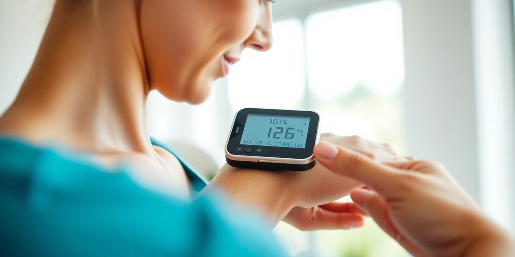 Photo of a blood sugar monitor on a person's arm.