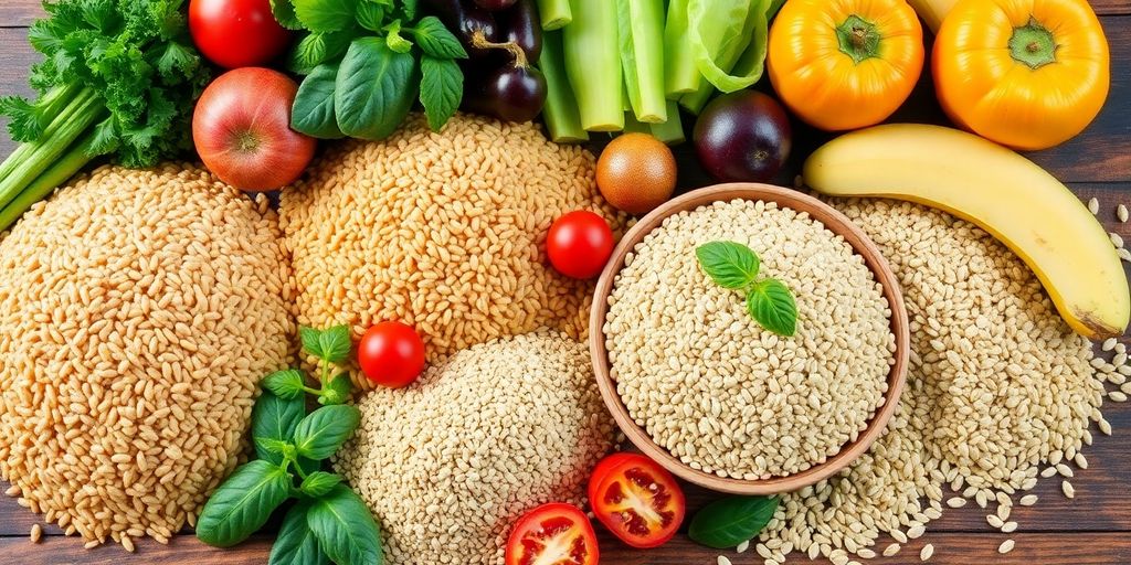 Whole grains including quinoa and brown rice on a table.