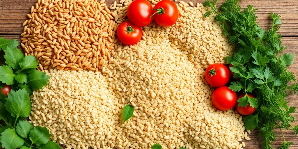 Colorful display of various whole grains and fresh vegetables.