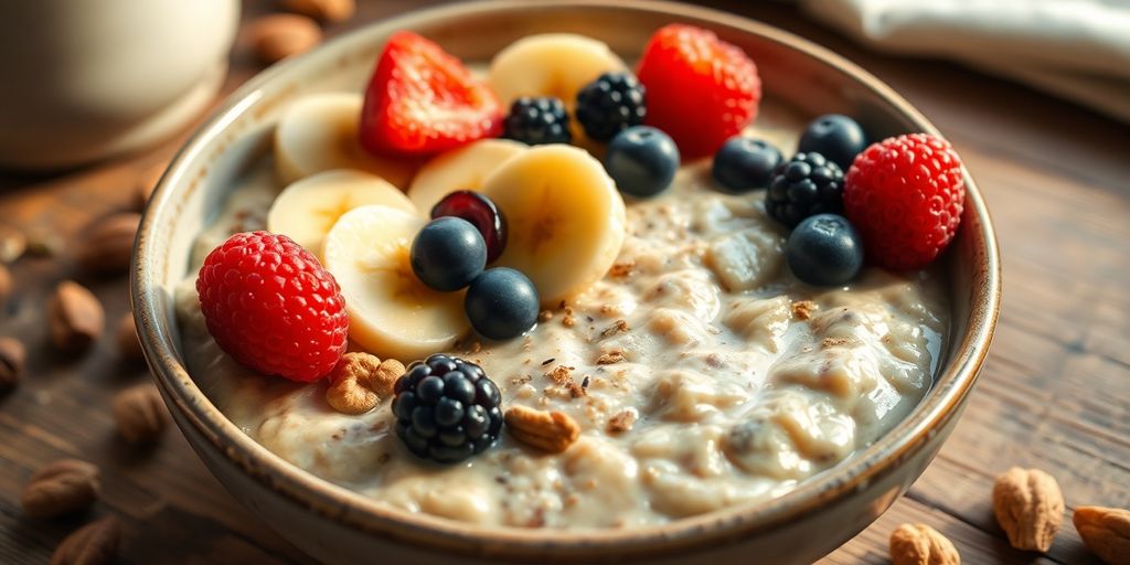 Bowl of oatmeal with fruits and nuts on wooden table.