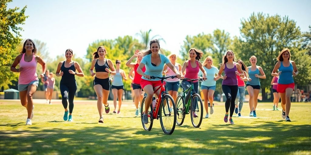 People exercising in a sunny park setting.