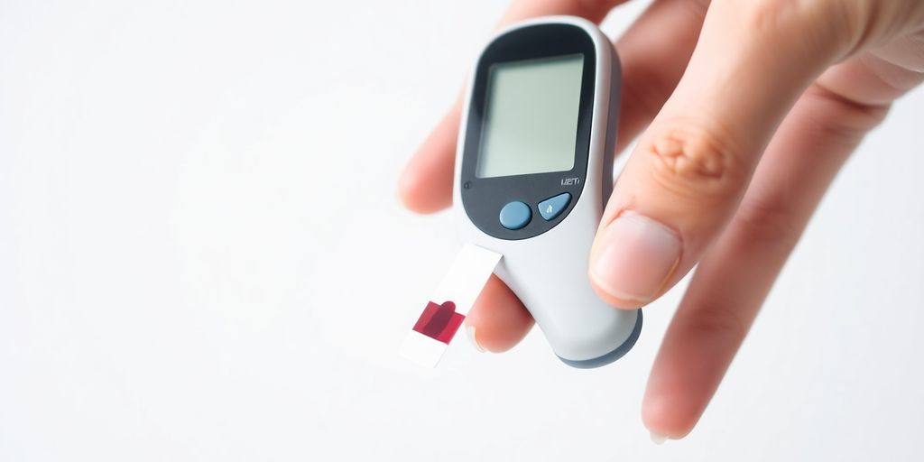Hand holding glucose meter with test strip and blood drop.
