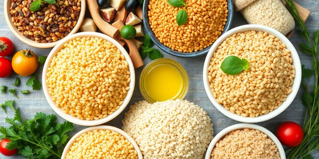 Assorted whole grains with vegetables and olive oil.