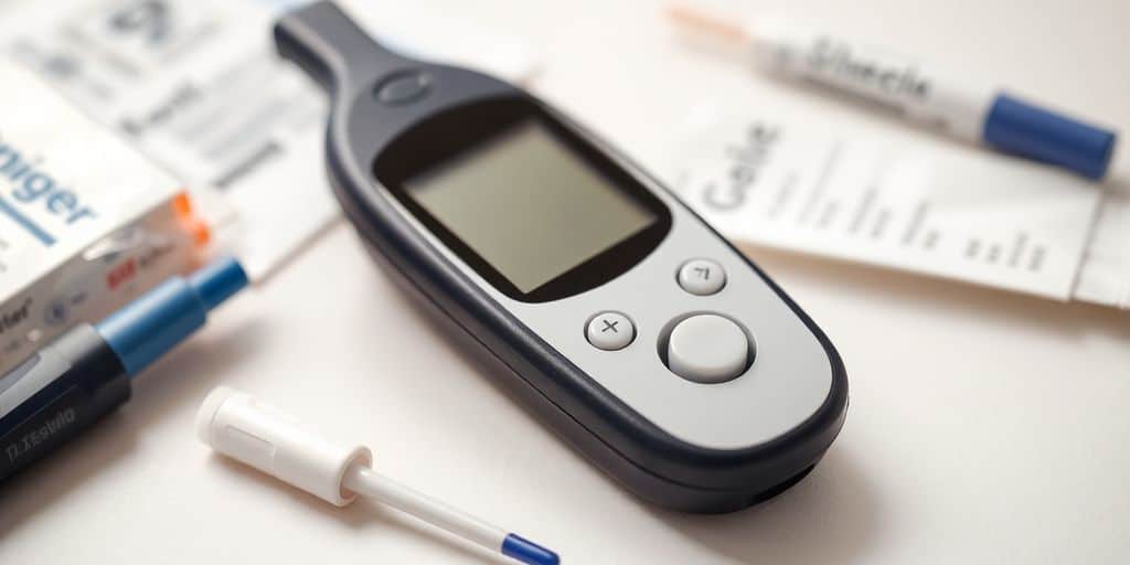 Blood glucose meter with testing supplies on a table.