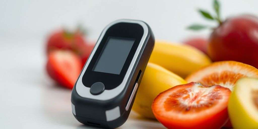 Modern bloodless sugar monitor with fresh fruit background.