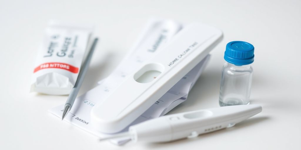 Home glucose test kit on a clean surface.