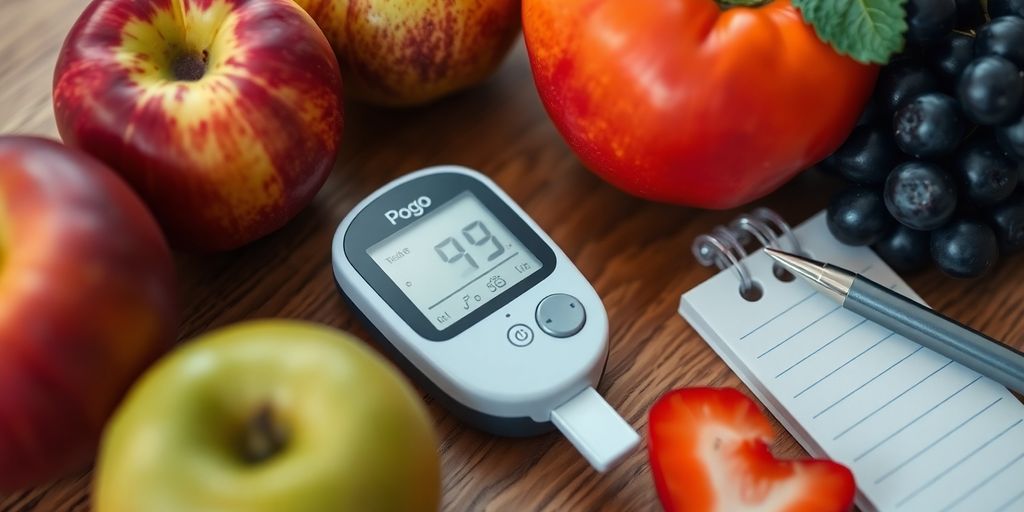 Close-up of a Pogo glucose meter with fruits.