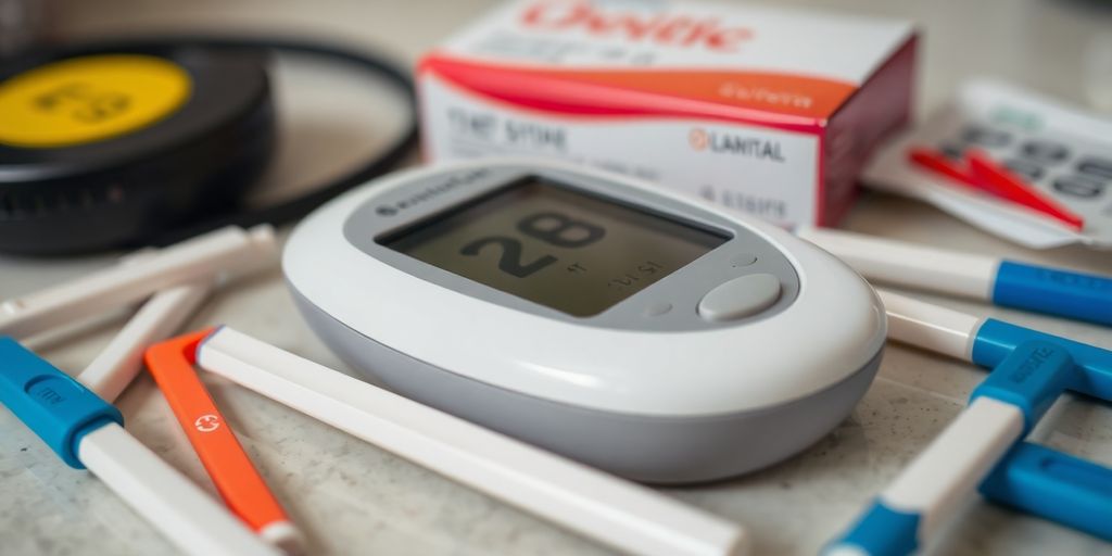 Blood sugar machine with testing supplies on a countertop.