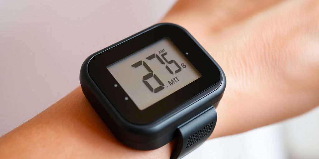 Close-up of a blood sugar reader on an arm.