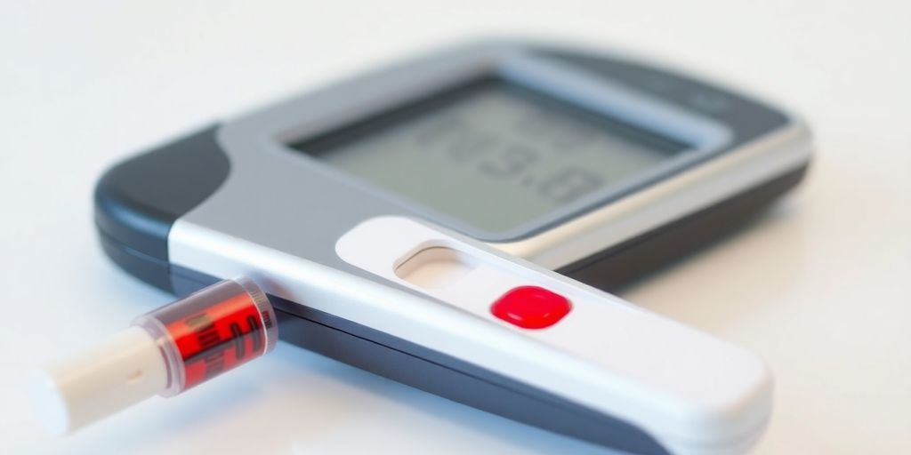 Glucometer with blood sample on a clean surface.