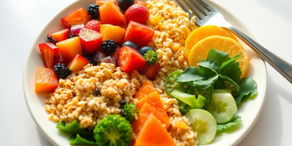 Divided plate with colorful healthy food portions.