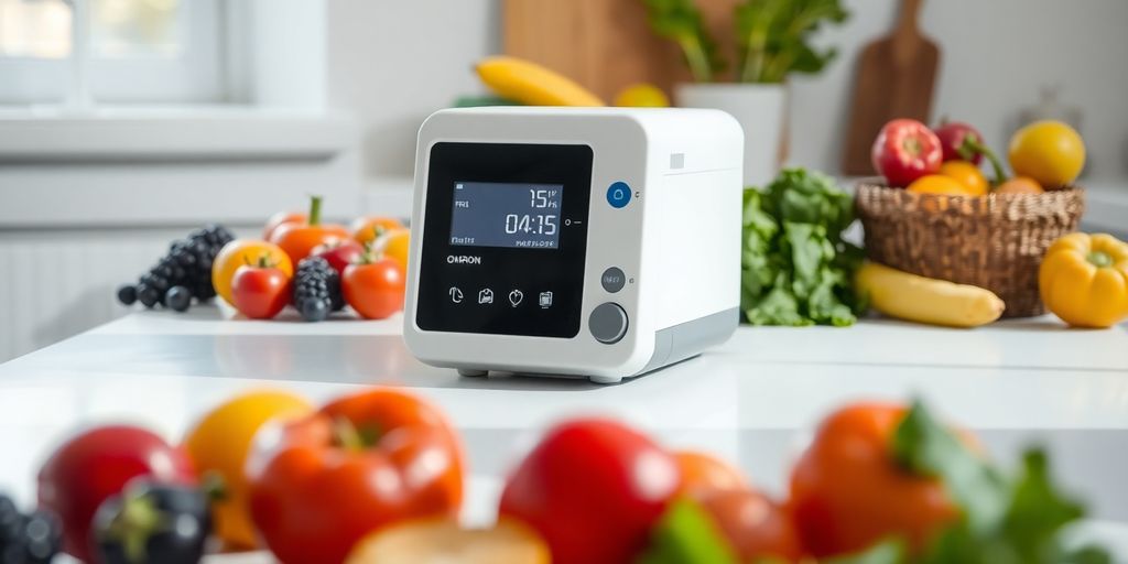 Omron Sugar Machine with fresh fruits and vegetables.