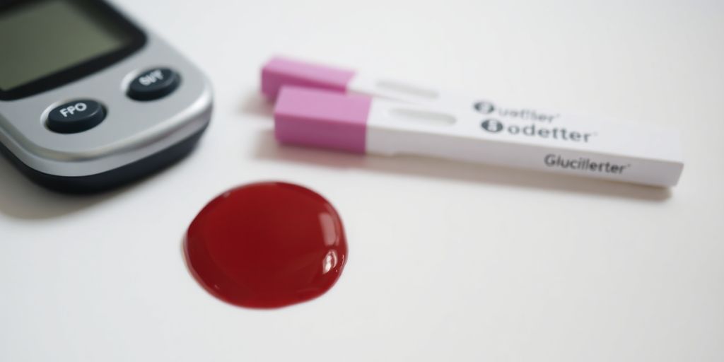Glucometer with blood test strips on a clean surface.