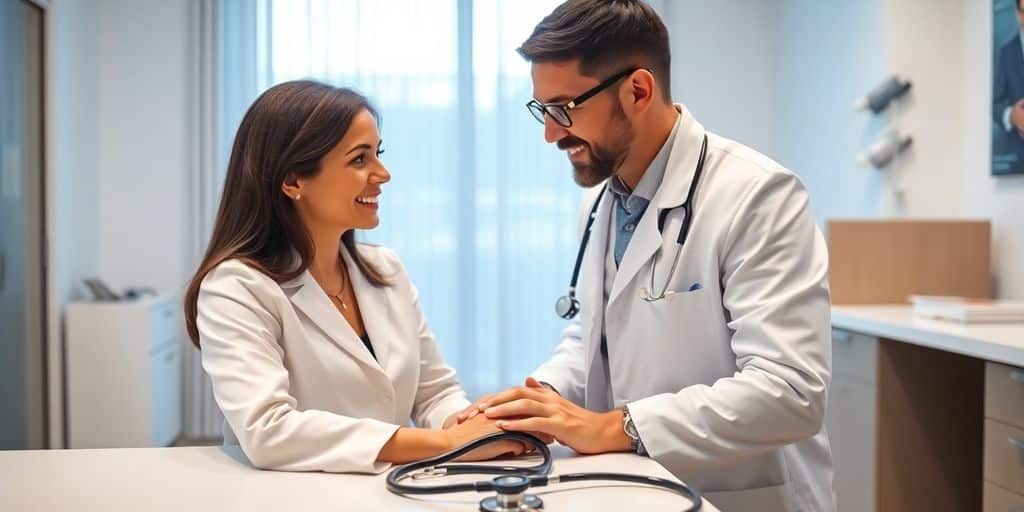 Doctor examining patient in a bright clinic setting.