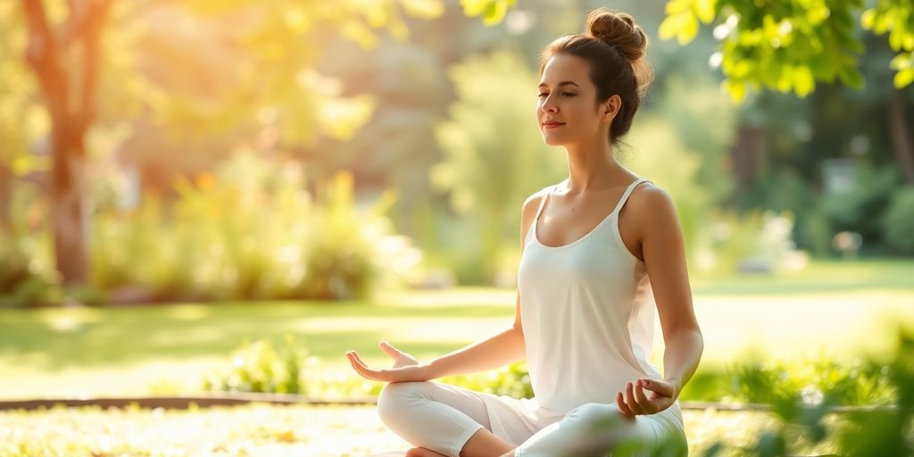 Person meditating outdoors surrounded by greenery and tranquility.