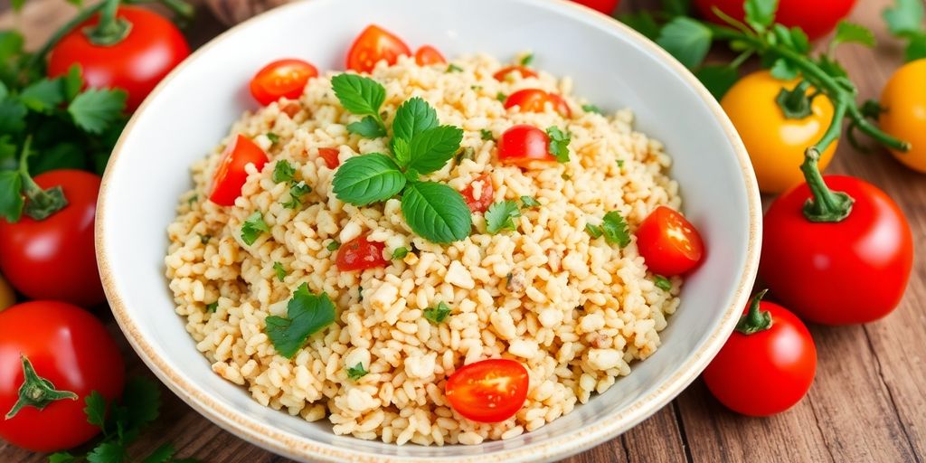 Bowl of bulgur wheat with fresh vegetables and herbs.