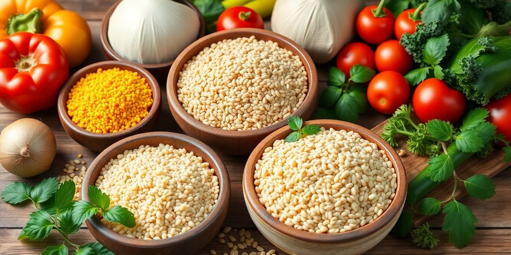 Colorful grains and vegetables on a wooden table.