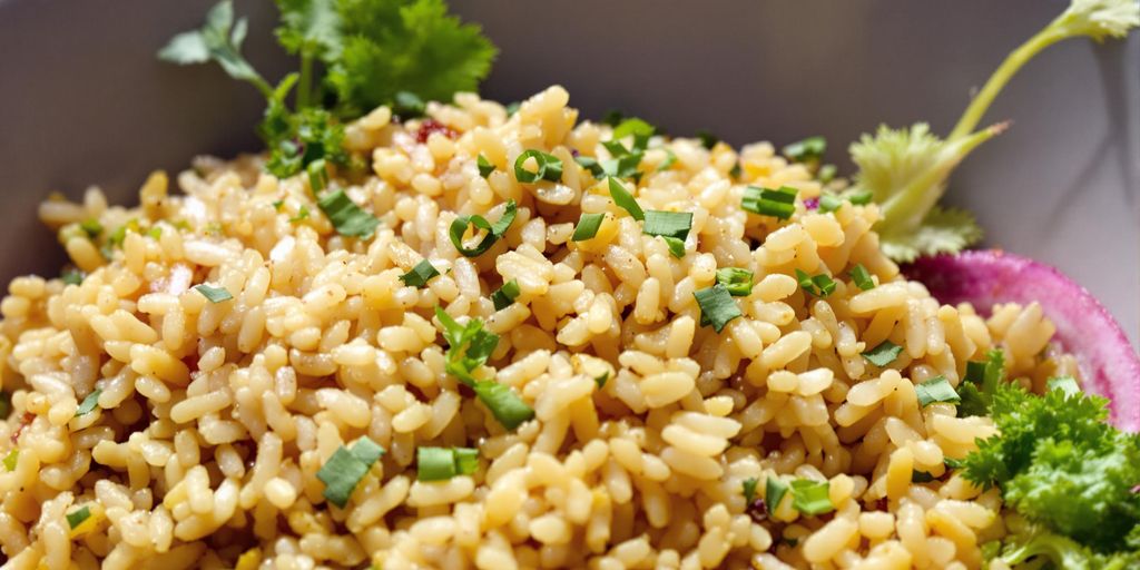 Bowl of brown rice with fresh vegetables and herbs.