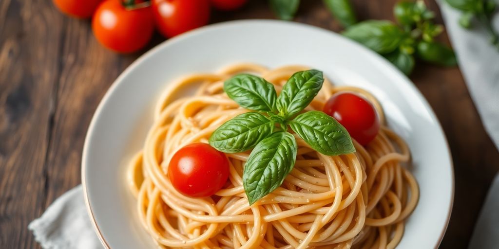 Whole wheat pasta with basil and cherry tomatoes on plate.