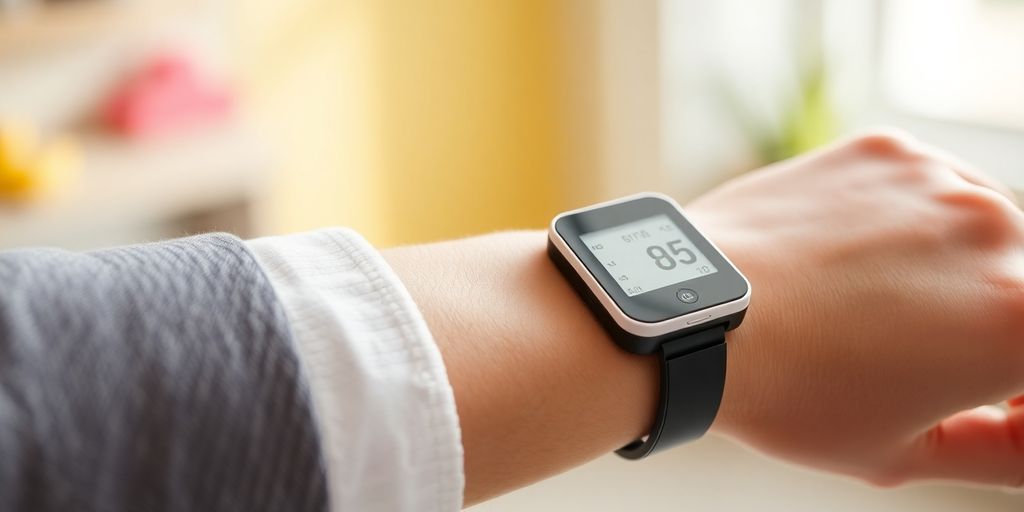 Close-up of a glucose monitoring device on an arm.