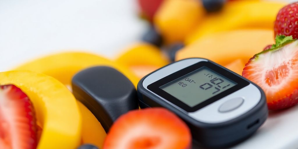 Glucometer with fresh fruits on a vibrant table.