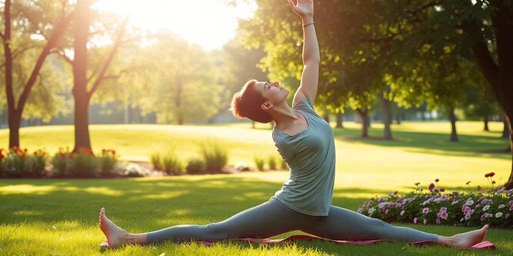 Person stretching in a peaceful outdoor park setting.