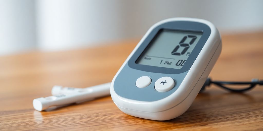 Blood glucose monitor on a wooden table with test strips.