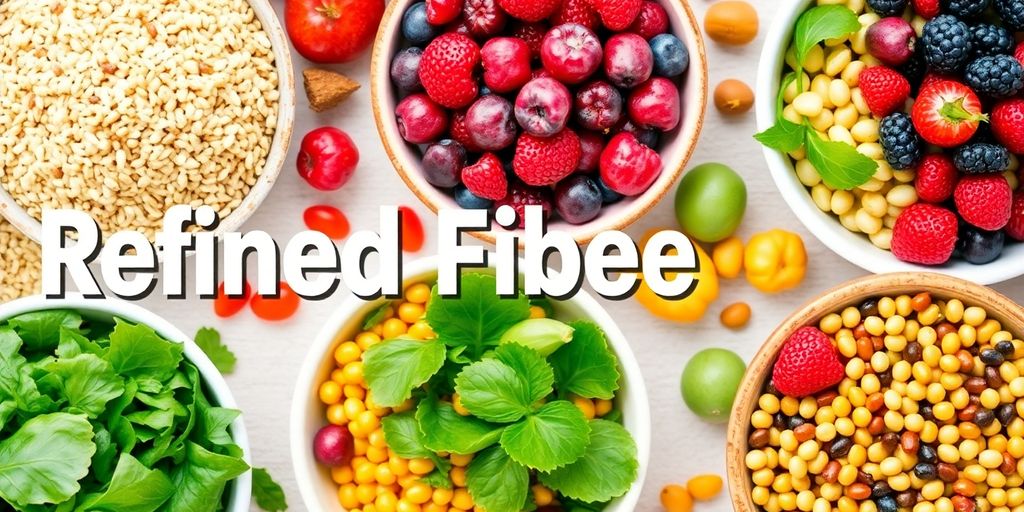 Colorful refined fiber foods in various bowls and plates.
