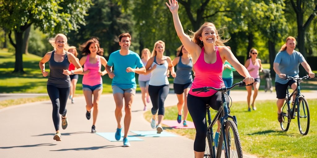 People exercising outdoors in a sunny park setting.