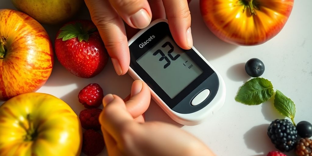 Blood glucose monitor with fresh fruits on a surface.