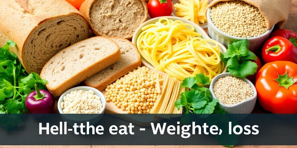 Whole wheat foods like bread and pasta on a table.
