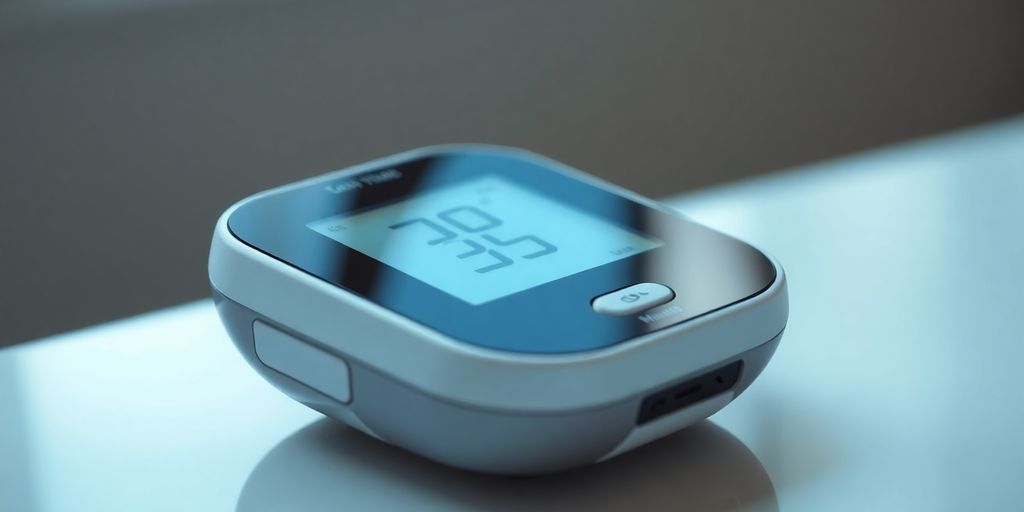 Modern blood sugar monitor device on a clean surface.