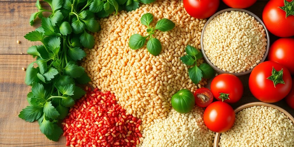 Mediterranean whole grains with vegetables on a wooden table.