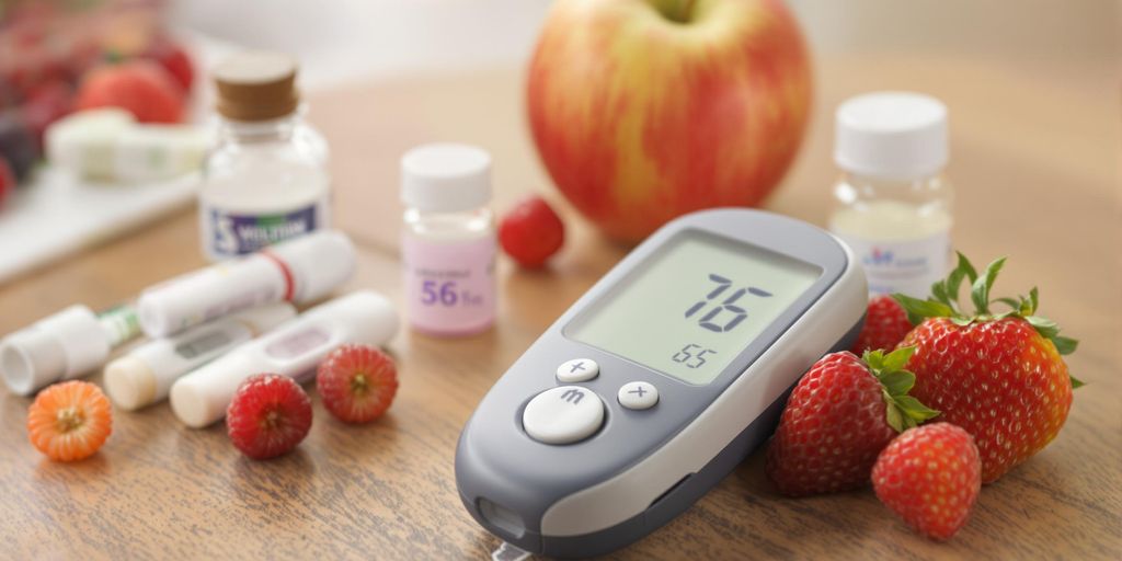 Blood glucose monitor with fresh fruits on a table.