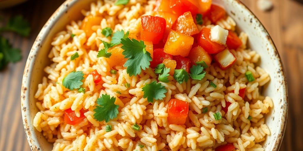 Bowl of Uncle Ben's brown rice with vegetables and herbs.