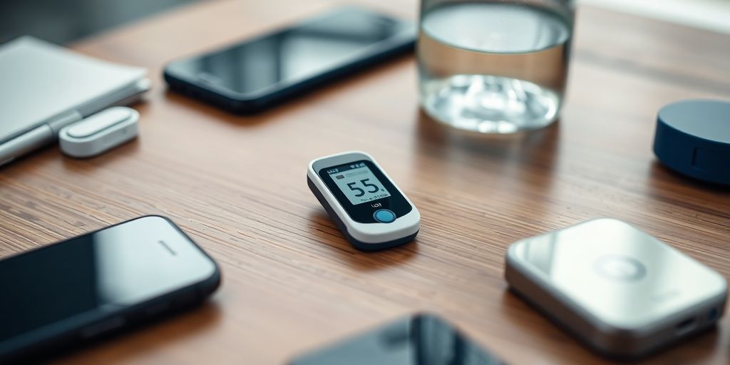 A blood glucose sensor device on a table with items.